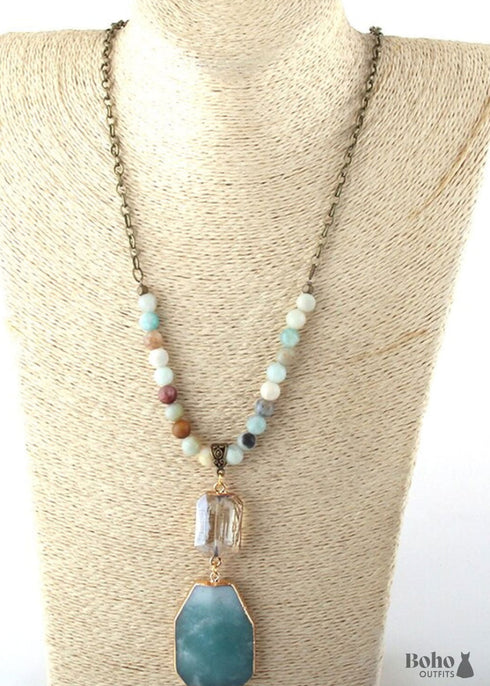Boho Necklace, RH Antique Brass Green Amazonite Stone Glass